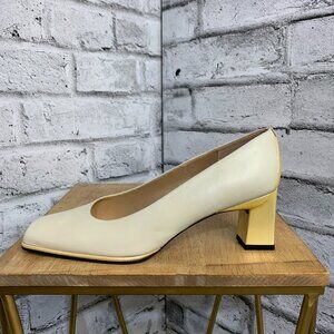 Vintage Leather Pumps Shoes 8 Square To Cream Yellow Mid Block Heel Corpcore 90s